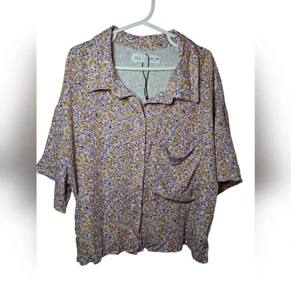 Zara Short Sleeve Crop Button Down Floral Top Purple White Size 13-14 years - Picture 4 of 12